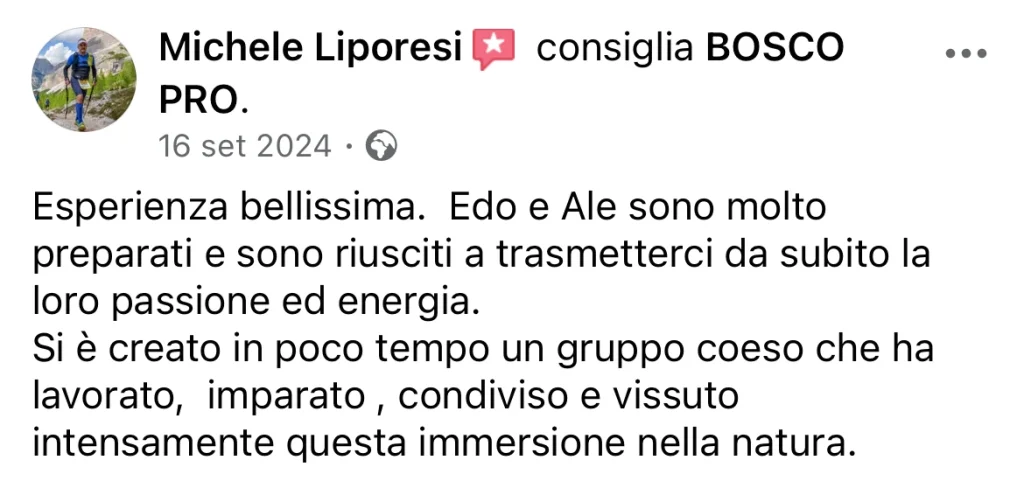 Recensione Facebook di un allievo dei corsi survival BOSCO PRO
