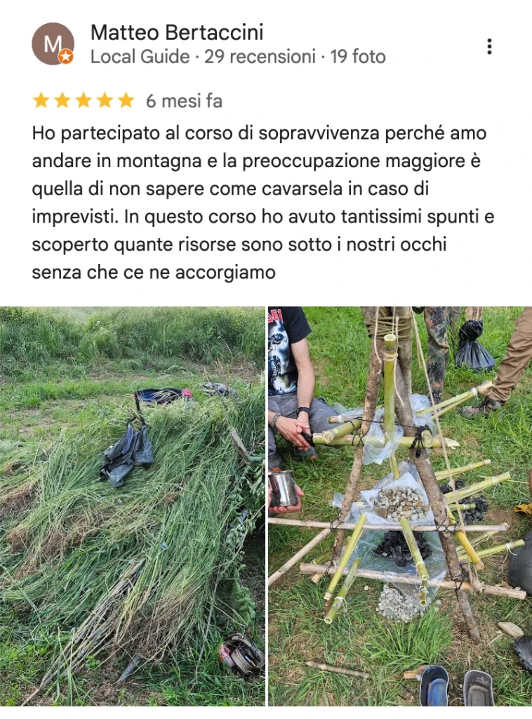 Recensione Google di un partecipante ai corsi di sopravvivenza BOSCO PRO