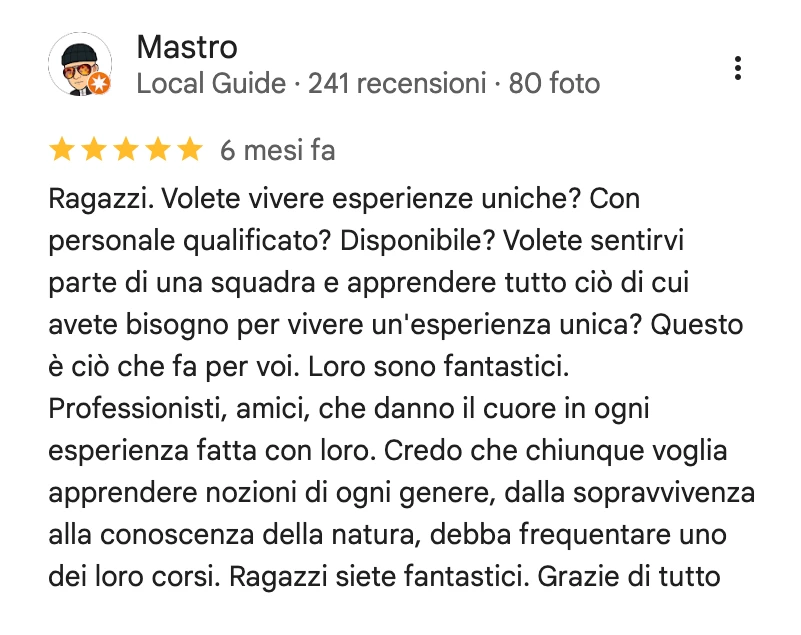 Recensione Google a 5 stelle sul corso di sopravvivenza dal vivo BOSCO PRO