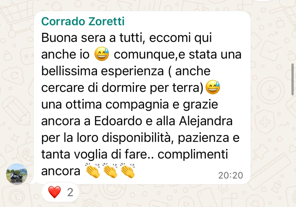 Messaggio WhatsApp di ringraziamento di un corsista BOSCO PRO