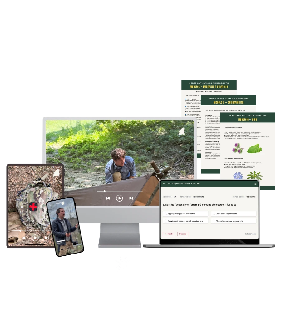 Riassunto completo del corso survival online BOSCO PRO: 14 moduli, preparazione casa, posto sicuro e piano familiare