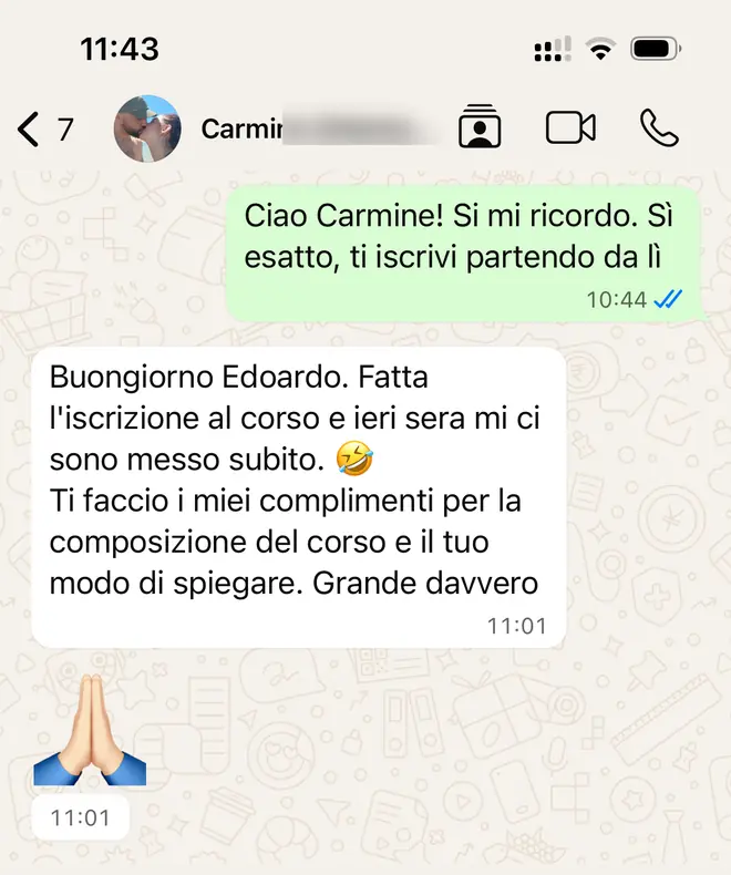 Messaggio WhatsApp di un iscritto al Corso Survival Online