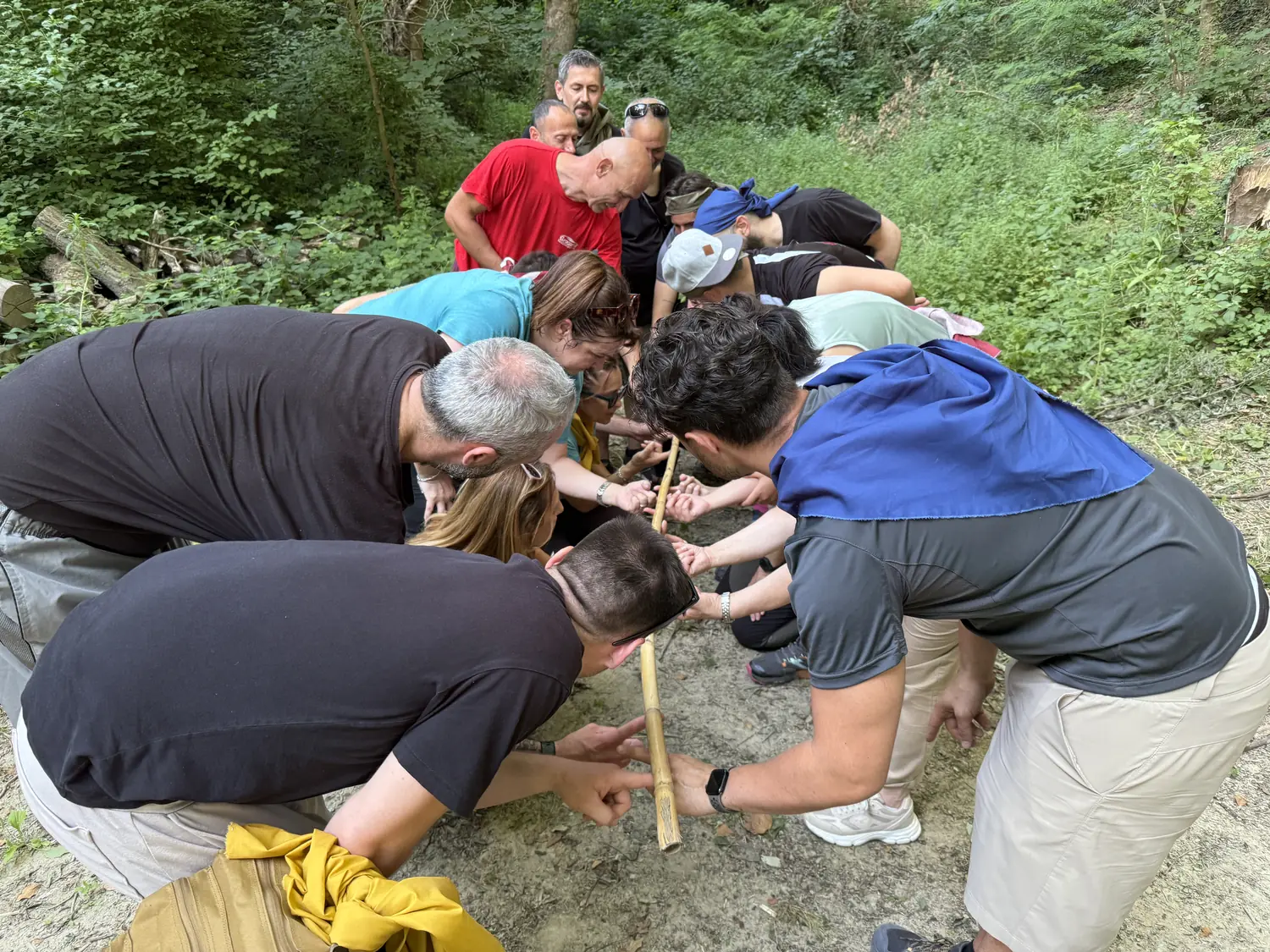 Team aziendale che lavora insieme a una sfida durante un team building BOSCO PRO